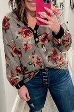 Load image into Gallery viewer, Gray Floral Long Sleeve Plus Size Henley Top
