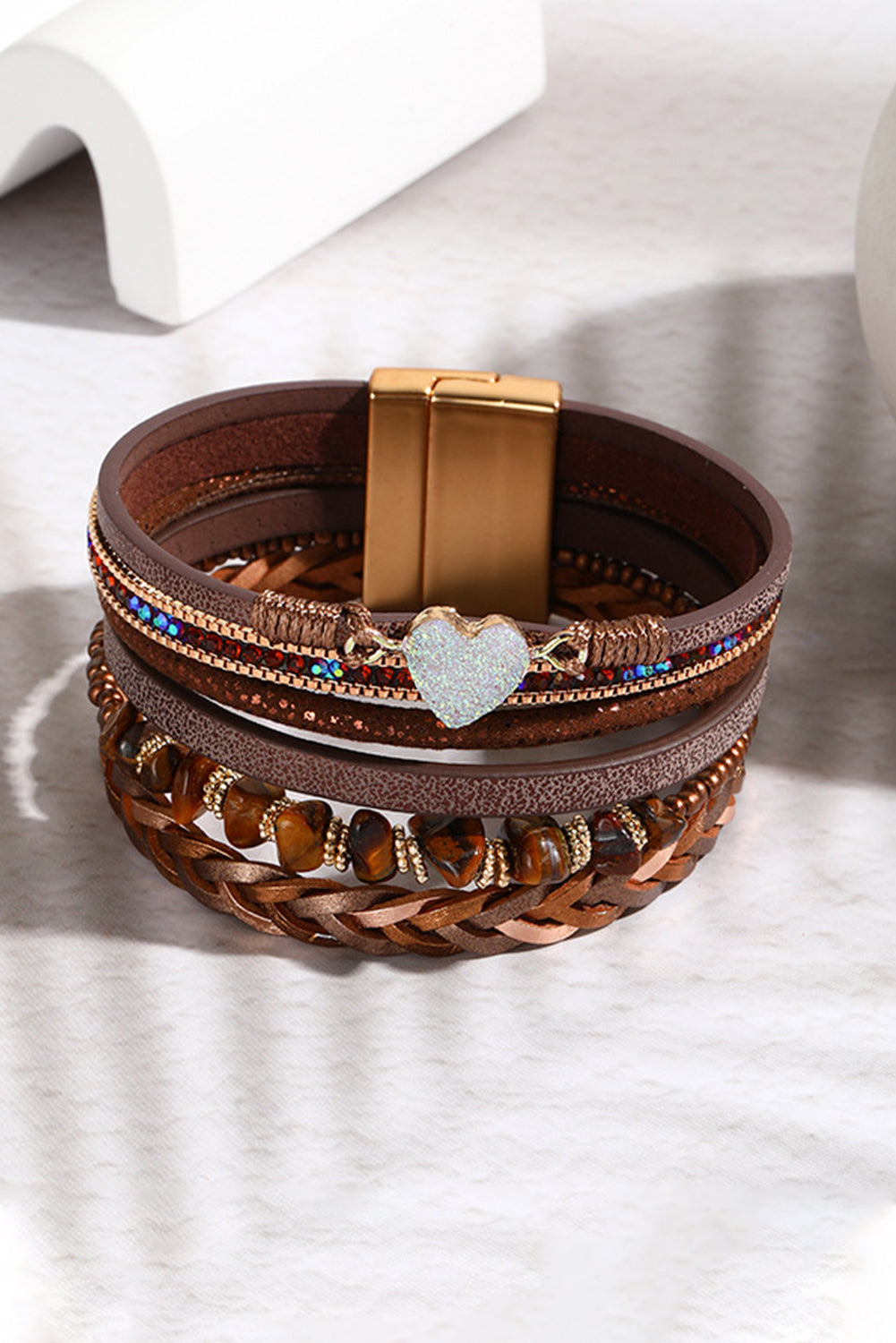 Glittering Heart Accent Multi-layer Vintage PU Bracelet