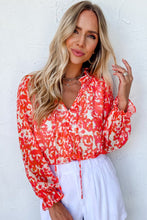 Load image into Gallery viewer, Red Floral Ruffled Notched V-Neck Blouse
