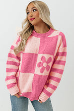 Load image into Gallery viewer, Strawberry Pink Checkered Floral Print Striped Sleeve Sweater
