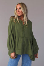 Load image into Gallery viewer, Green Henley Button Drop Shoulder Loose Sleeve Raw Edge Top
