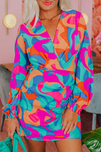 Load image into Gallery viewer, Multicolor Abstract Print Wrap V Neck Puff Sleeve Dress
