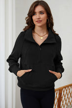 Load image into Gallery viewer, Black Zip Up Stand Collar Ribbed Thumbhole Sleeve Sweatshirt
