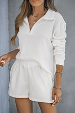 Load image into Gallery viewer, White Ribbed Zipper Sweatshirt and High Waist Shorts Set
