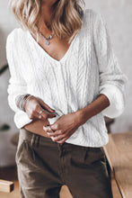 Load image into Gallery viewer, White Solid Cable Knit V-Neck Puff Sleeve Cardigan
