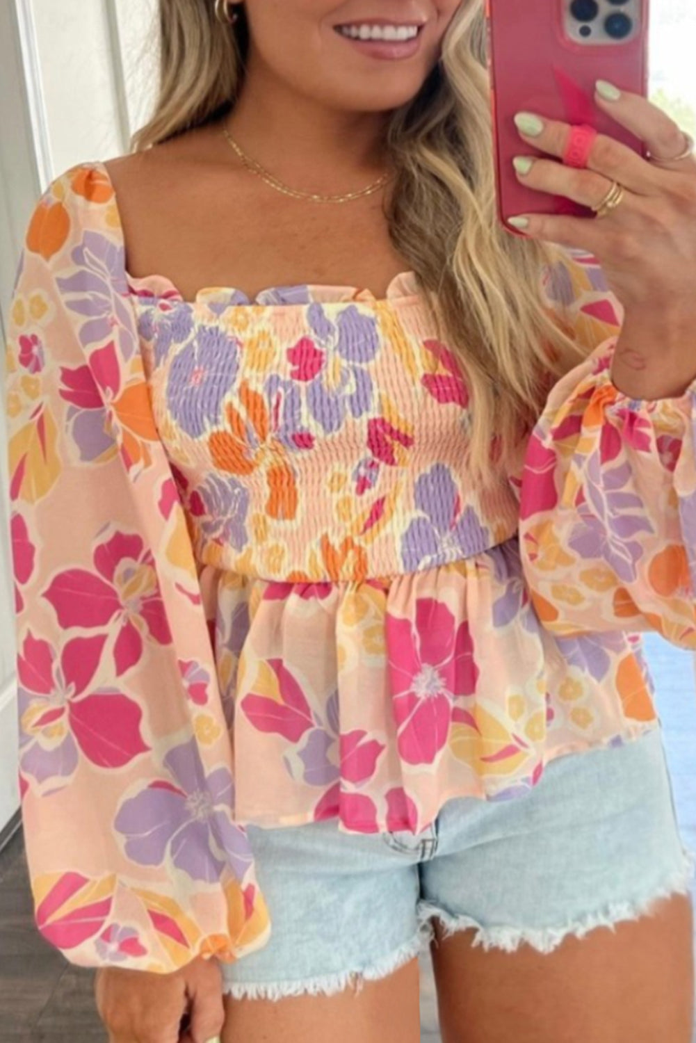 Pink Plus Size Floral Puff Sleeve Smocked Peplum Top