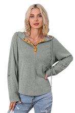 Load image into Gallery viewer, Gray Quarter Buttoned Drawstring Pullover Hoodie
