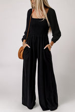 Load image into Gallery viewer, Black Smocked Square Neck Long Sleeve Wide Leg Jumpsuit

