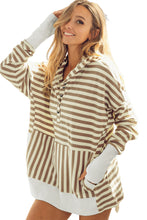 Load image into Gallery viewer, Khaki Striped Contrast Thumbhole Oversized Hoodie
