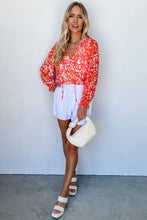 Load image into Gallery viewer, Red Floral Ruffled Notched V-Neck Blouse
