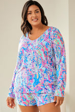 Load image into Gallery viewer, Sky Blue Plus Size Floral Print Long Sleeve and Shorts Lounge Outfit
