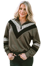Load image into Gallery viewer, Green Leopard Contrast Splicing Quarter Zip Sweatshirt
