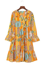 Load image into Gallery viewer, Orange Boho Geometric Print Buttoned V Neck Mini Dress
