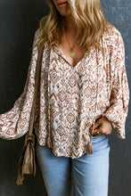 Load image into Gallery viewer, Apricot Western Print Balloon Sleeve Tassel Blouse
