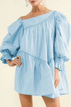 Load image into Gallery viewer, Sky Blue Exquisite Trim Puff Sleeve Asymmetric Swing Mini Dress
