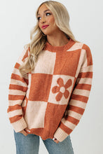 Load image into Gallery viewer, Checkered Floral Print Striped Sleeve Sweater
