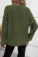 Load image into Gallery viewer, Pickle Green Pointelle Knit Button V Neck Drop Shoulder Sweater
