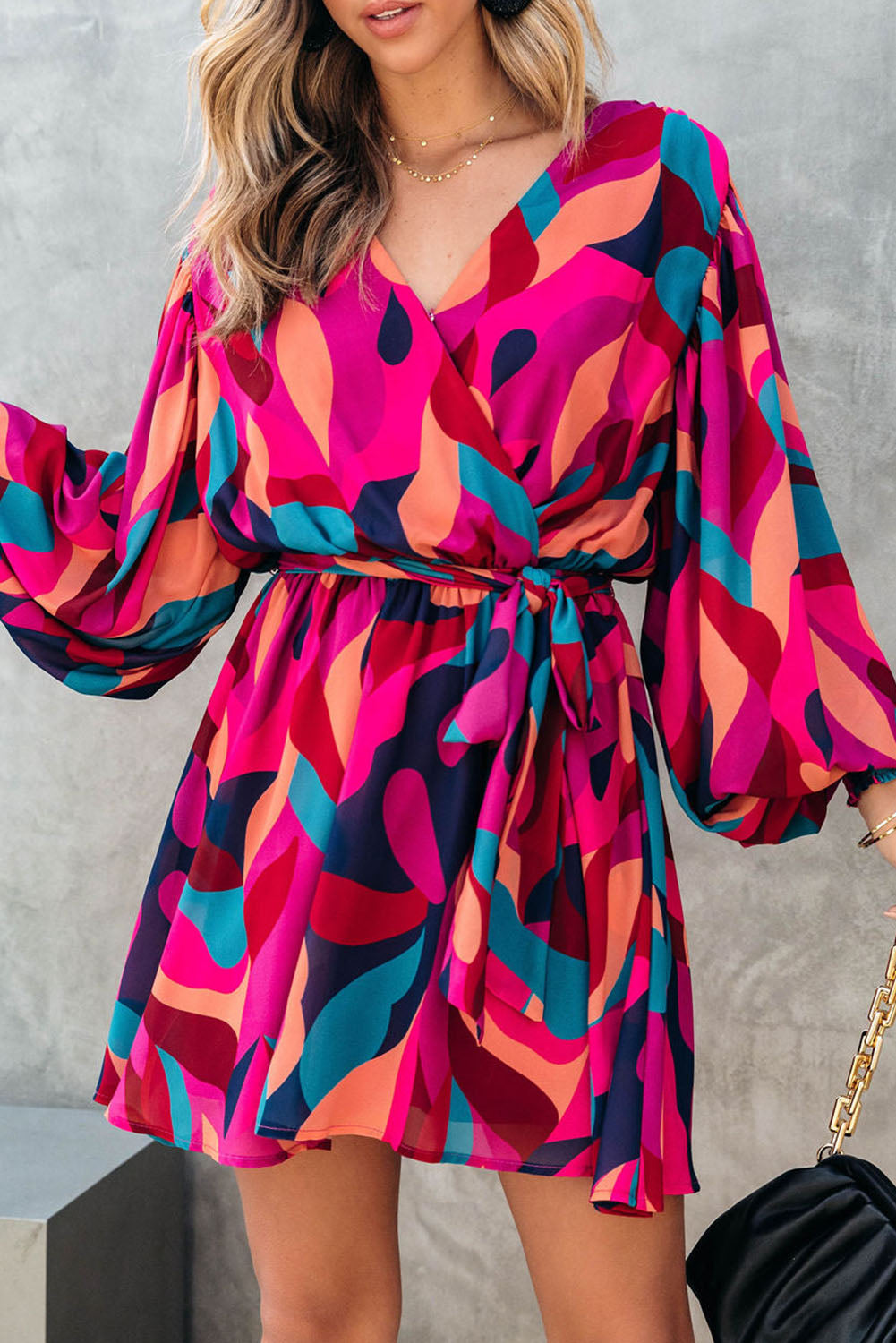Abstract Printed Belted Puff Sleeve Mini Dress