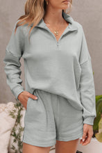 Load image into Gallery viewer, Gray Ribbed Zipper Sweatshirt and High Waist Shorts Set
