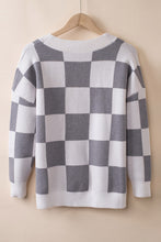 Load image into Gallery viewer, Gray Contrast Checkered Print Button Up Sweater Cardigan
