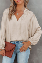 Load image into Gallery viewer, Khaki Pleated Balloon Sleeve Drawstring V-Neck Blouse
