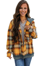 Load image into Gallery viewer, Orange Plaid Patch Hooded Frayed Snap Button Jacket
