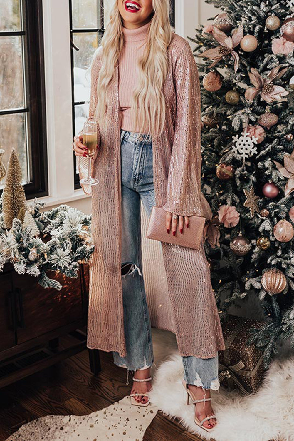 Rose Tan Open Front Long Sequin Kimono