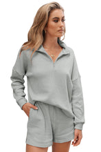 Load image into Gallery viewer, Gray Ribbed Zipper Sweatshirt and High Waist Shorts Set
