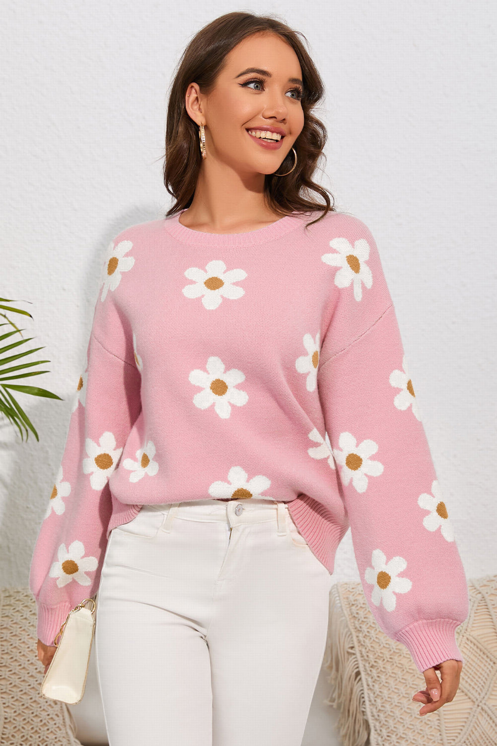 Floral Pattern Drop Shoulder Sweater