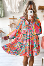 Load image into Gallery viewer, Multicolor Geometric Print Split Neck Ruffle Tiered Mini Dress
