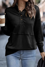 Load image into Gallery viewer, Black Ribbed Hem Snap Button Neckline Sweatshirt with Pocket
