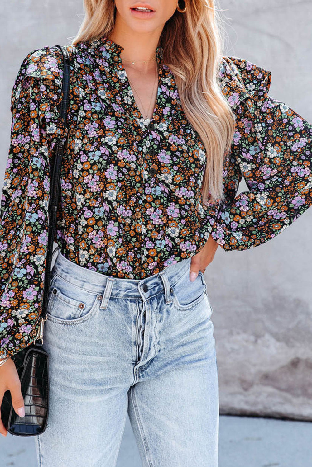 Floral Print Ruffled Bubble Sleeve Shirt