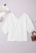 Load image into Gallery viewer, White Textured V Neck Bracelet Sleeve Babydoll Blouse
