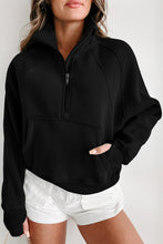 Load image into Gallery viewer, Black Zip Up Stand Collar Ribbed Thumbhole Sleeve Sweatshirt
