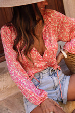 Load image into Gallery viewer, Pink Bubble Sleeve Floral Shirt with Lace up
