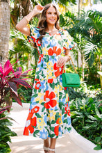 Load image into Gallery viewer, Multicolor Notch Neckline Bubble Sleeve Floral Midi Dress
