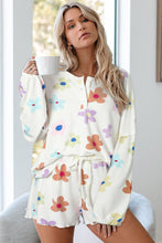 Load image into Gallery viewer, White Floral Long Sleeve Henley Top and Drawstring Shorts Set
