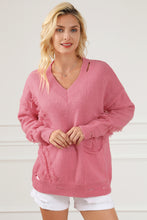 Load image into Gallery viewer, Pink Distressed Fringed Detail V Neck Baggy Sweater
