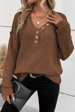 Load image into Gallery viewer, Coffee Pointelle Knit Button V Neck Drop Shoulder Sweater
