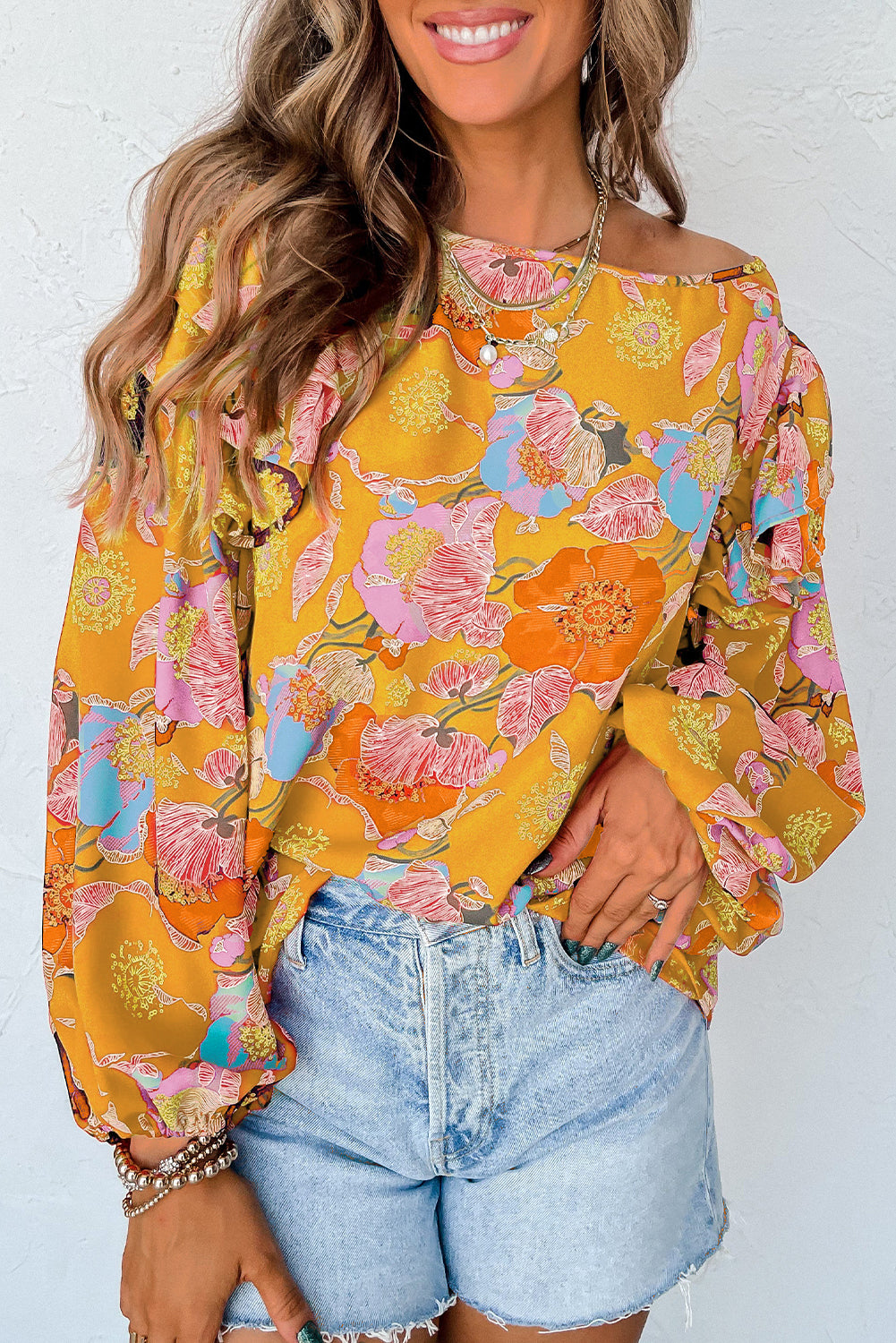 Ginger Floral Print Ruffle Puff Sleeve Blouse