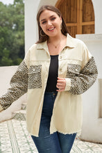 Load image into Gallery viewer, Apricot Plus Size Leopard Sleeve Raw Hem Denim Jacket
