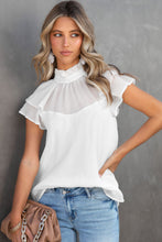 Load image into Gallery viewer, Sheer Ruffle Sleeve Splice Mock Neck Blouse
