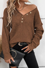 Load image into Gallery viewer, Coffee Pointelle Knit Button V Neck Drop Shoulder Sweater
