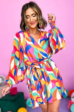 Load image into Gallery viewer, Multicolor Abstract Printed Belted Puff Sleeve Mini Dress
