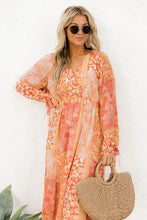 Load image into Gallery viewer, Orange Boho Floral Wrap V Neck Tie Long Sleeve Dress
