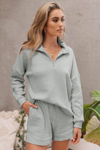 Load image into Gallery viewer, Gray Ribbed Zipper Sweatshirt and High Waist Shorts Set
