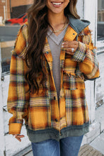 Load image into Gallery viewer, Orange Plaid Patch Hooded Frayed Snap Button Jacket
