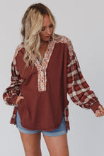 Load image into Gallery viewer, Red Floral Plaid Mixed Print Bishop Sleeve Patchwork Top
