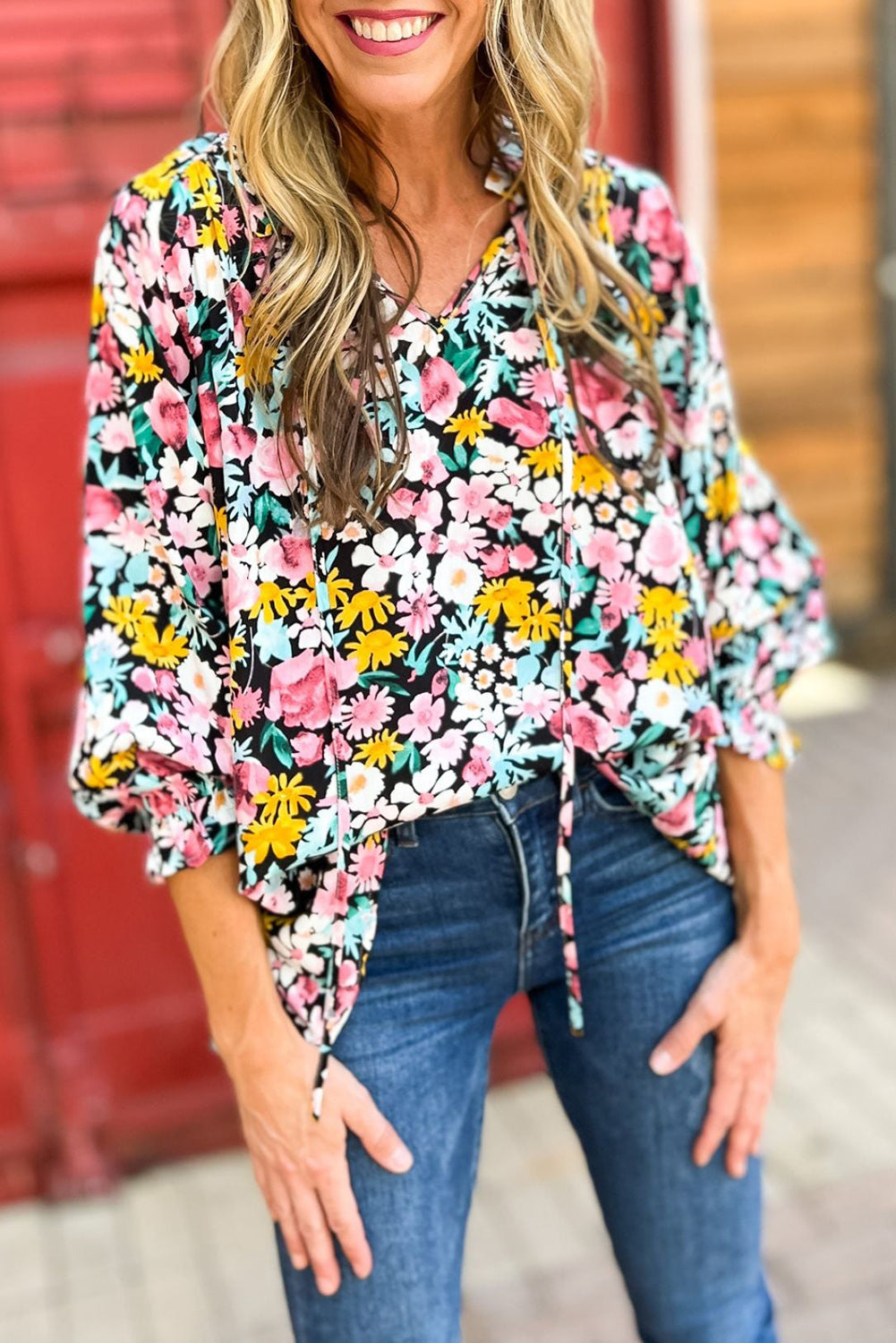 Multicolor Floral Notched V-Neck Puff Sleeve Blouse