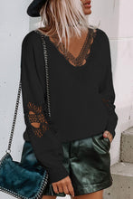 Load image into Gallery viewer, Black Hollowed Lace Splicing V Neck Loose Sweater

